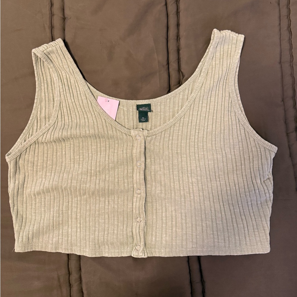 Button-Front Ribbed Crop Tank in Beige